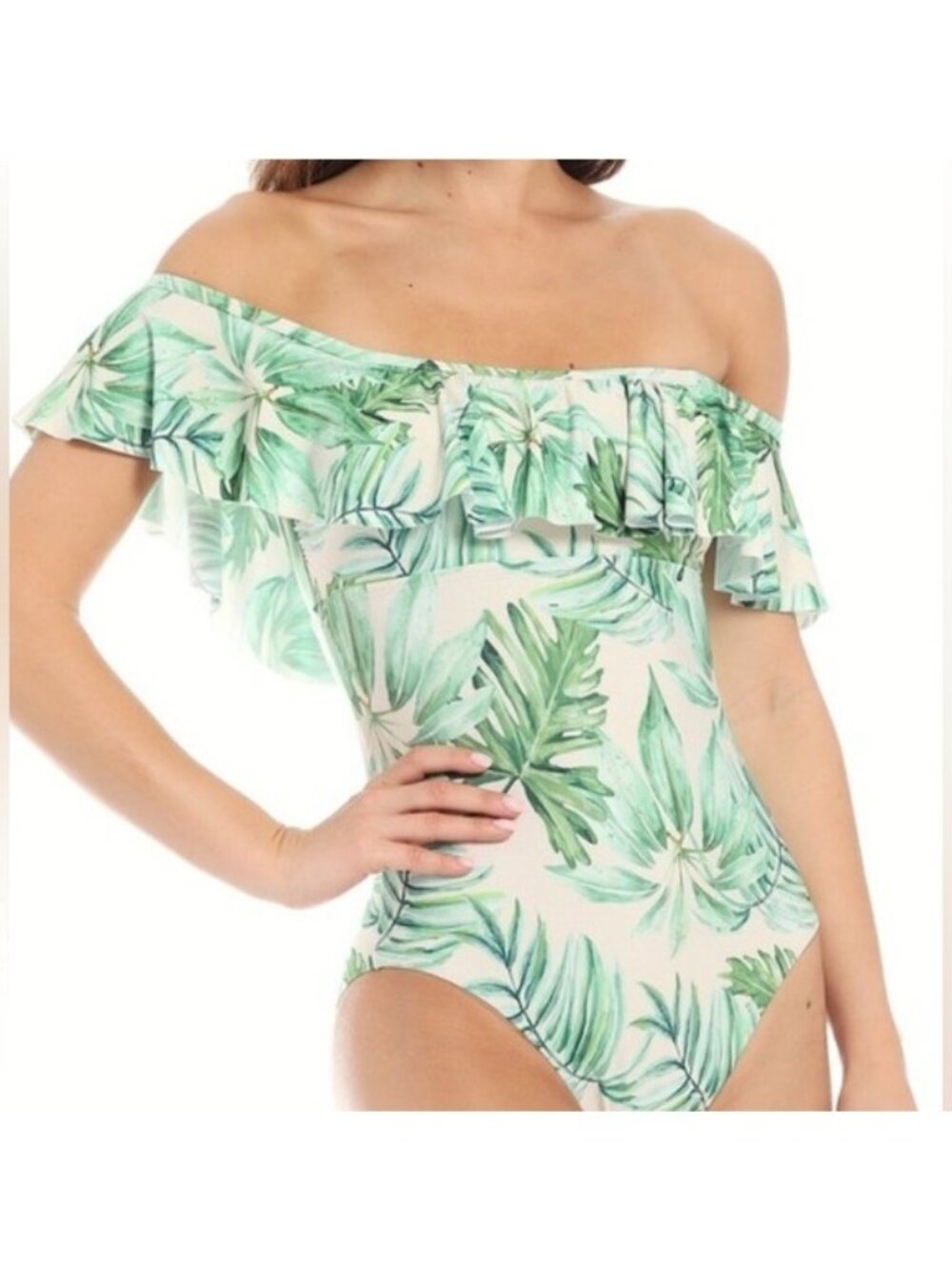 New Gianni Bini Green Off-the-shoulder One Piece Ruffle Swimsuit Size XS